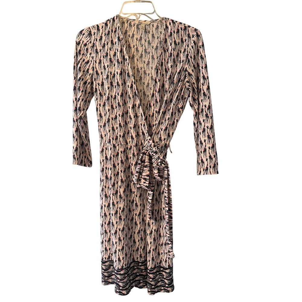 Vintage 90s Wrap Dress Navy Coral Giraffe Novelty Print 3/4 Sleeve Jersey Knit M